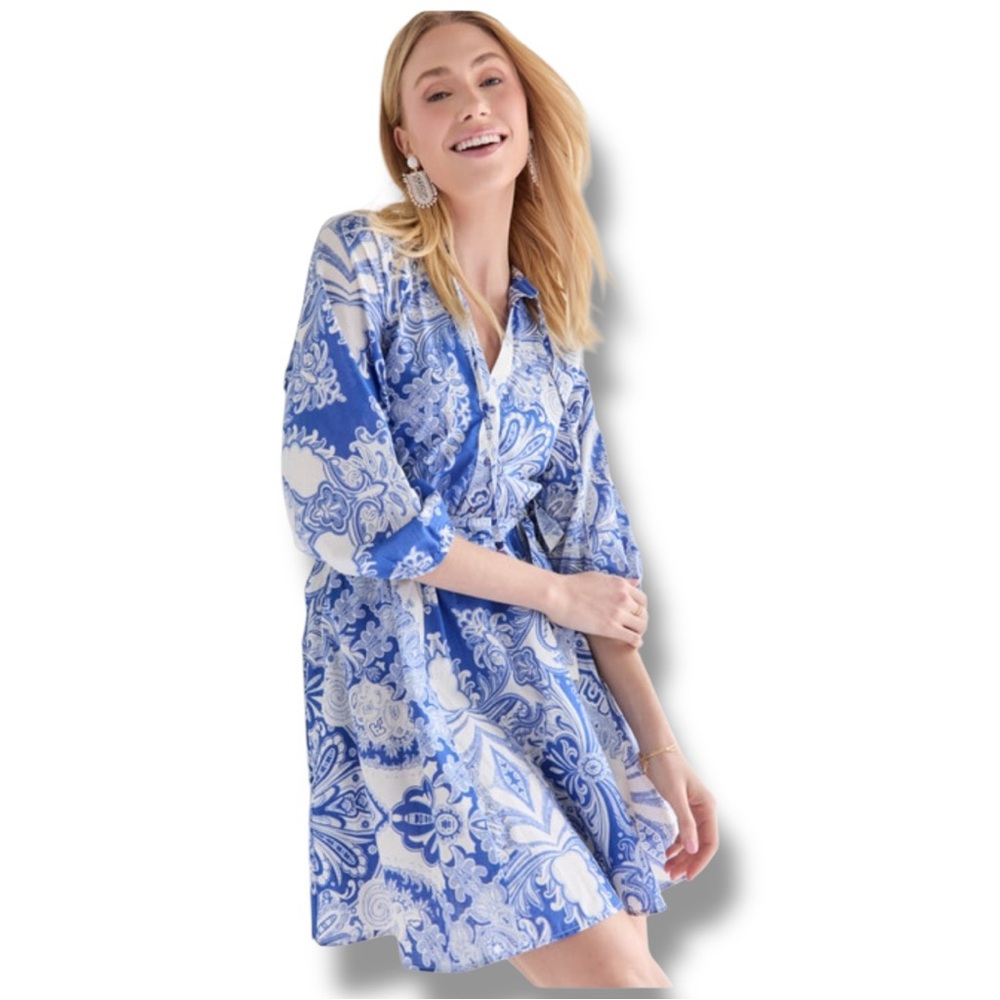 Miami Blue and White Cotton Paisley Dress. Women’s Size Medium